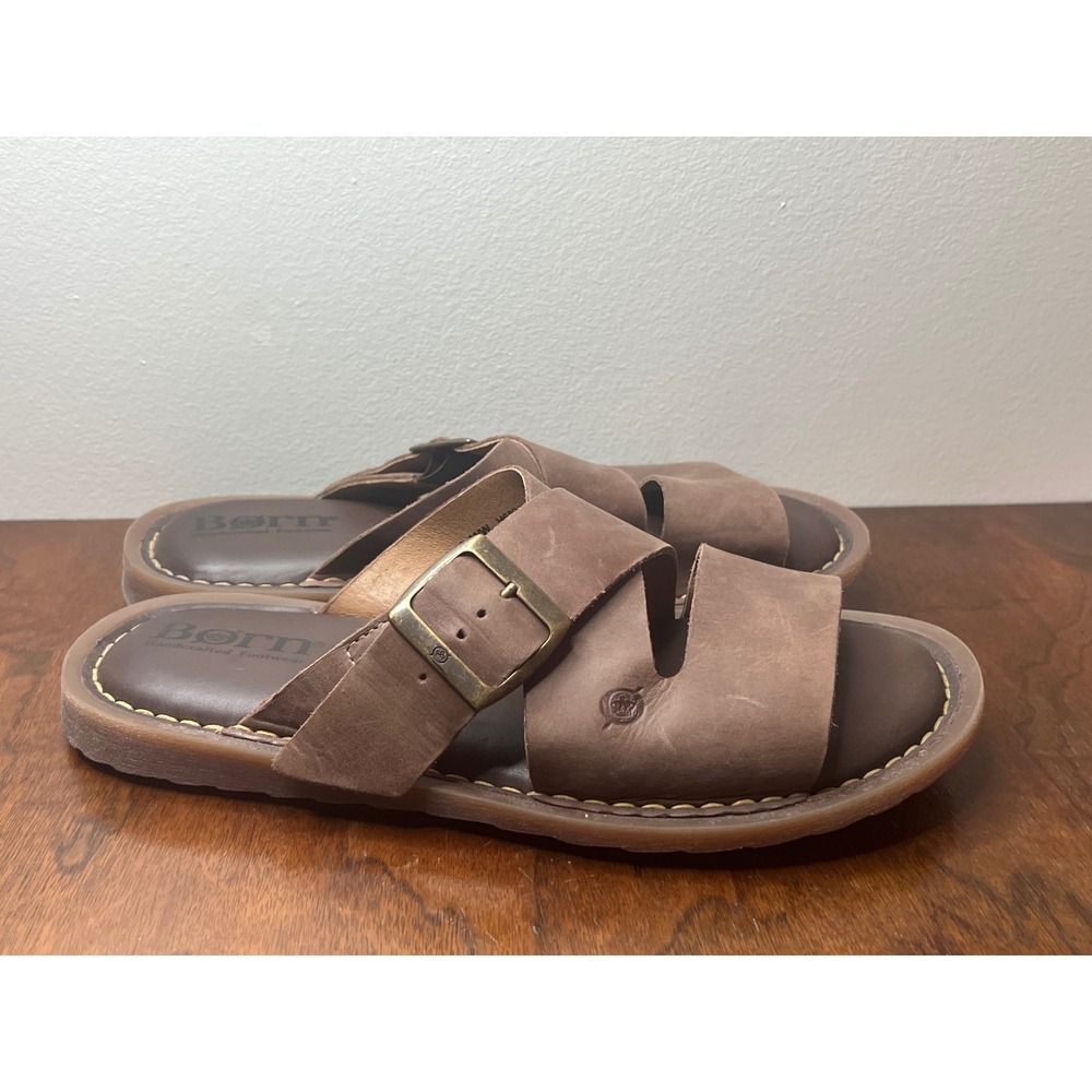 Born‎ Men's Leather Slide Sandals Brown Size 9 Buckle Strap Comfort Fit